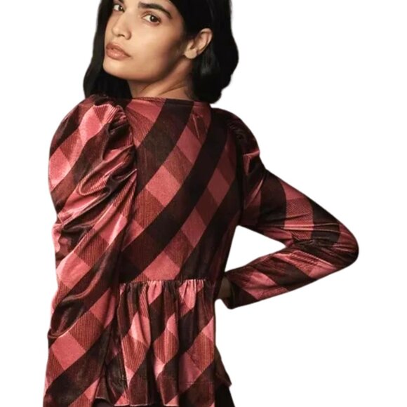 Maeve by Anthropologie Argyle Velvet Tie-Front Peplum Top – XS - Picture 2 of 12